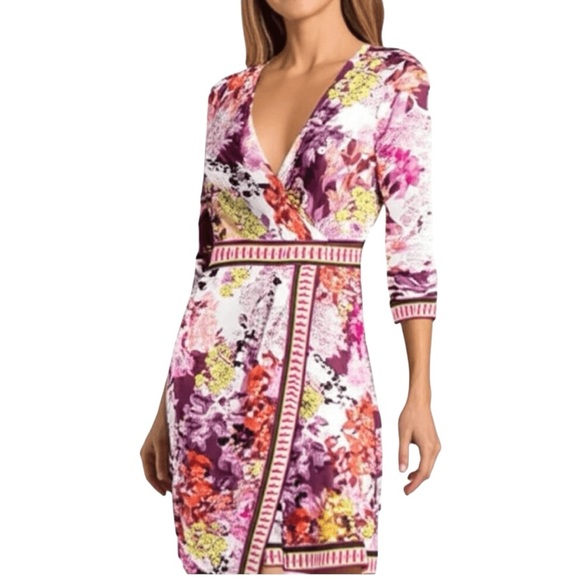 Beige By ECI Dress Faux Wrap Floral Stretch Knit Cottage Career Pink Size 4 - Picture 1 of 8